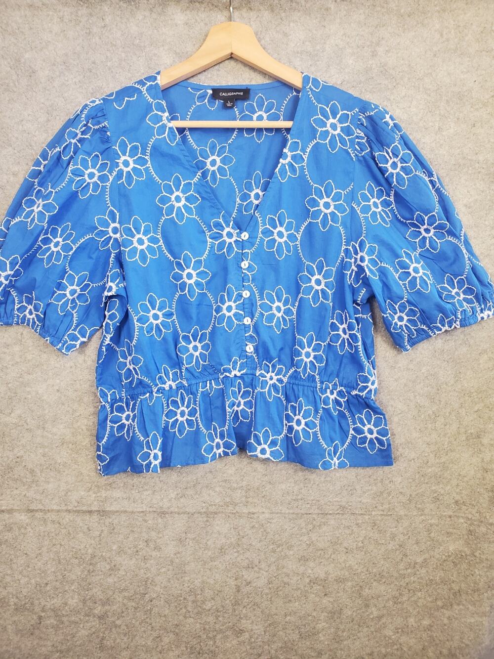 NWT Women's Calligraphie  L Blue & White Embroidered Button Front Peasant Blouse